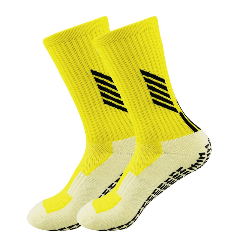Outdoor football socks SF0570 with silicone non-slip sole, knee-high, yellow, perfect for unisex sports and comfort.