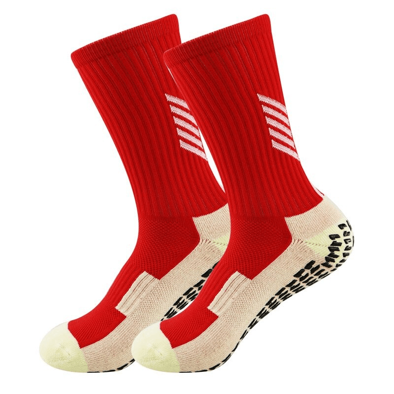 Red knee-high football socks with silicone non-slip sole for grip and comfort, SF0570, unisex fit, sport gear.