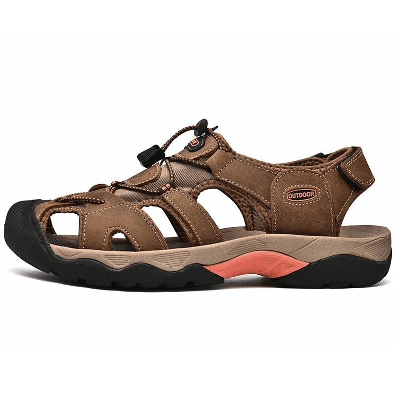 Men's outdoor tactical trekking leather sandals with rubber sole, perfect for hiking, featuring elastic band closure. Model SF0669.