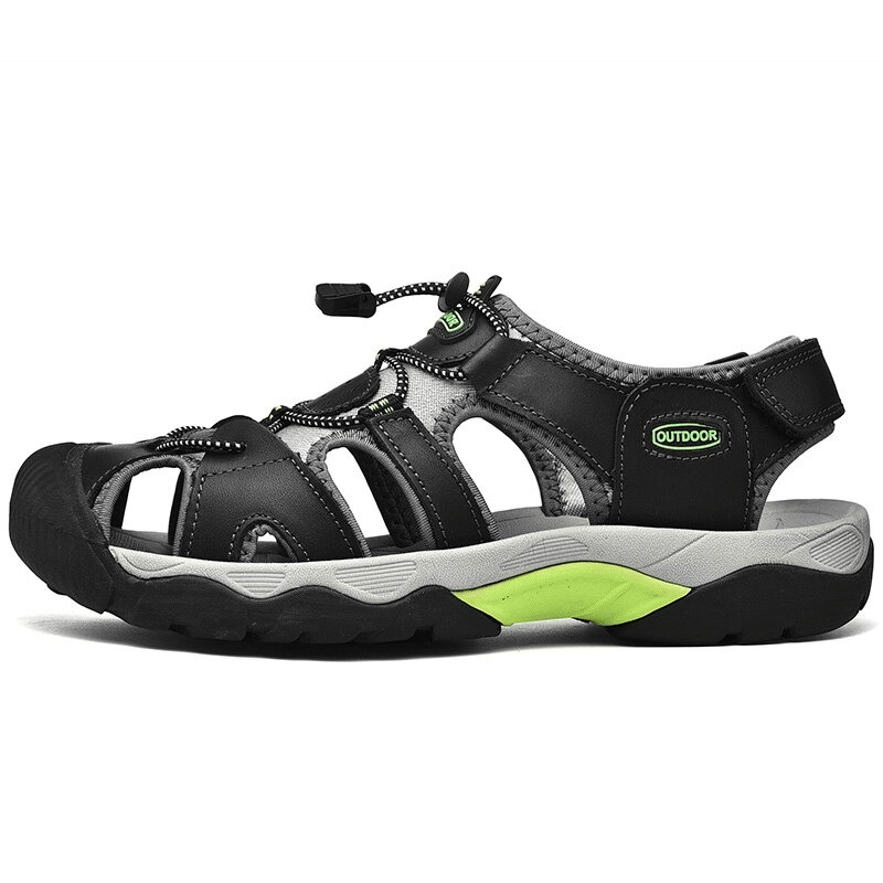 Men's outdoor leather trekking sandals SF0669 in black with green details and elastic closure, perfect for hiking and comfort.