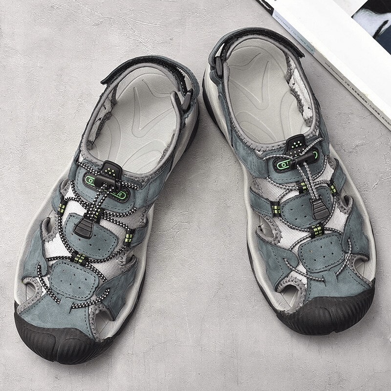 Outdoor Genuine Leather Tactical Trekking Sandals for Men - SF0669 in blue-grey with rubber outsole and elastic band closure.