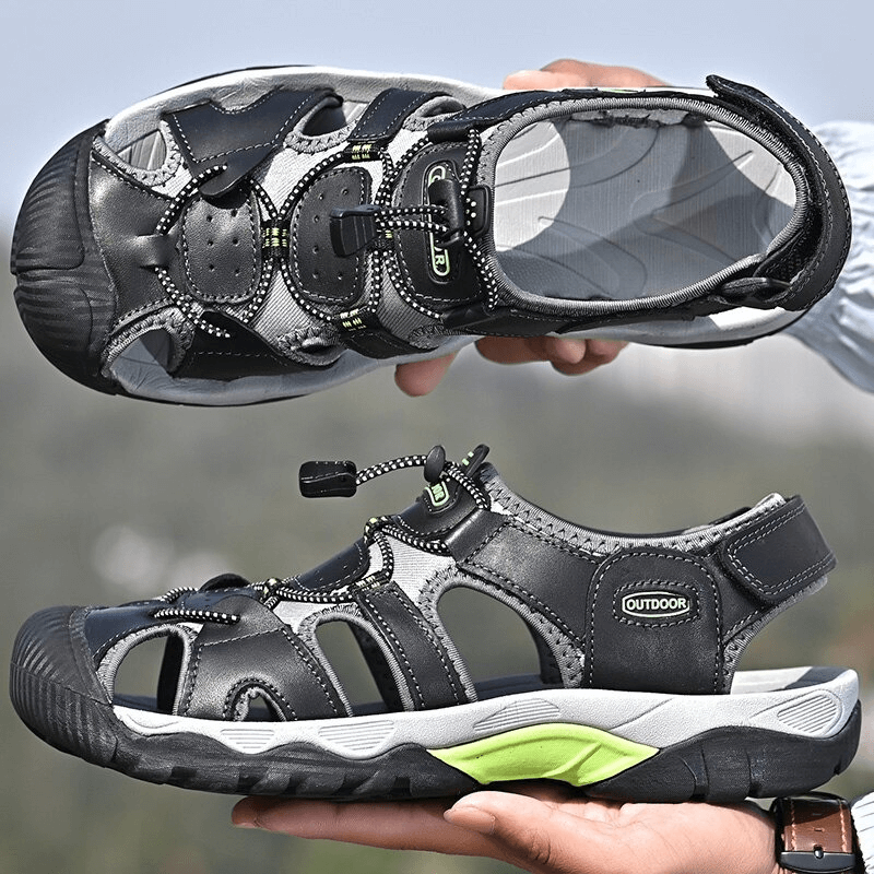 Men's black genuine leather tactical trekking sandals SF0669 with rubber outsole and elastic band closure, perfect for outdoor adventures.