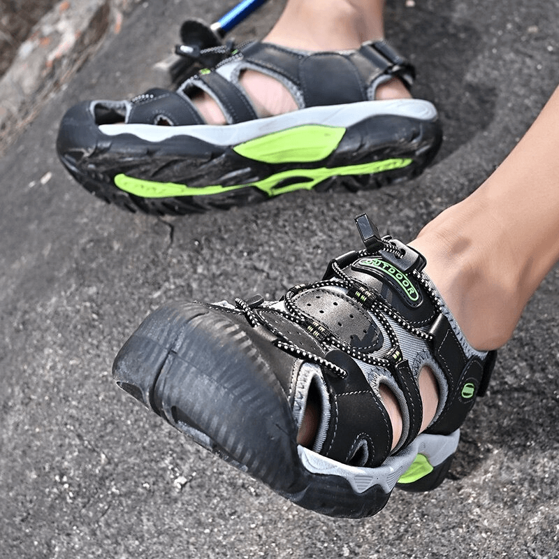 Men's genuine leather tactical trekking sandals, featuring durable cow leather, rubber outsole, and elastic band for outdoor activities.