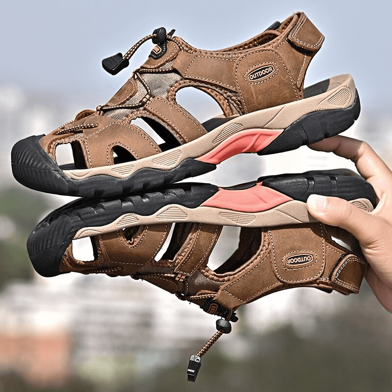 Brown outdoor leather tactical trekking sandals for men, stylish design with rubber outsole and elastic closure, ideal for adventures.