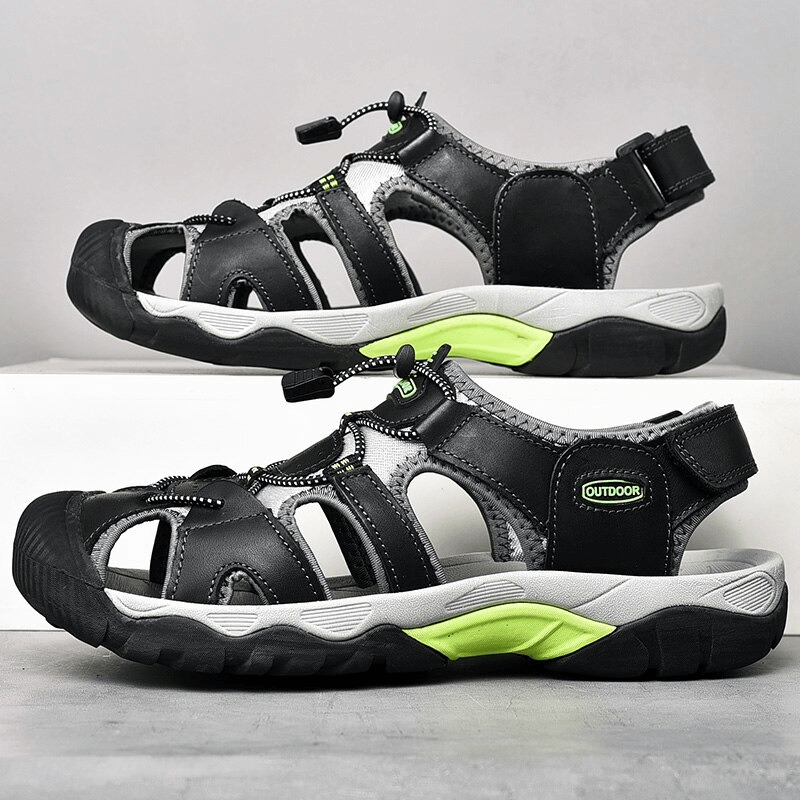 Black and green leather tactical trekking sandals for men with rubber outsole, perfect for outdoor activities. Model SF0669.