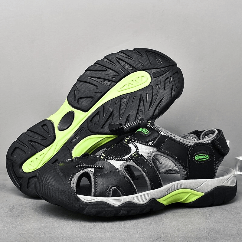 Men's outdoor genuine leather tactical trekking sandals, black and neon green, durable rubber sole, perfect for hiking and adventures.