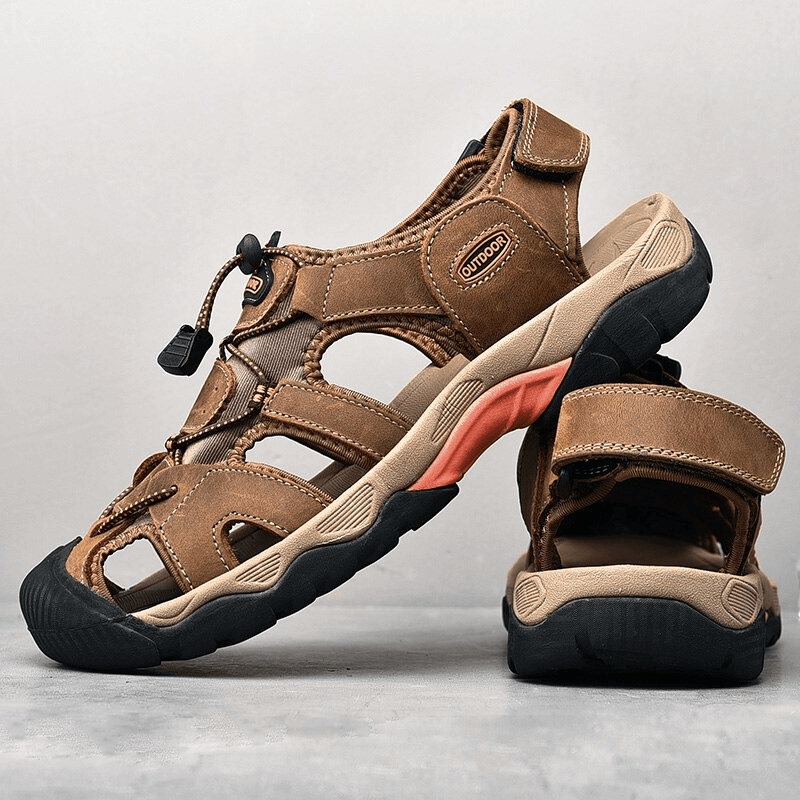 Men's Outdoor Genuine Leather Tactical Trekking Sandals with Rubber Outsole and Elastic Band - Stylish and Durable SF0669