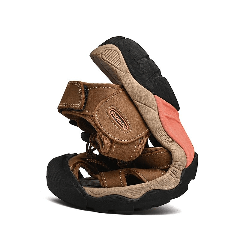 Men's genuine leather tactical trekking sandals with rubber outsole and elastic band closure, perfect for outdoor adventures.