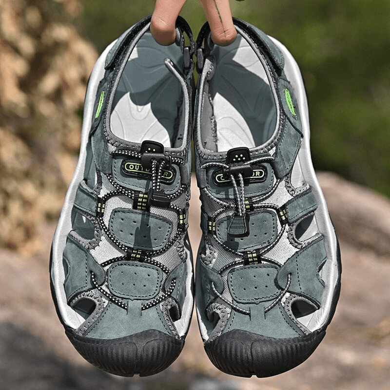 Men's outdoor leather trekking sandals, SF0669, featuring durable cow leather, rubber outsole, elastic band closure, perfect for hiking.