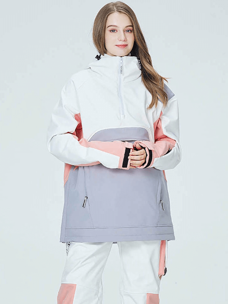 Unisex hooded snowboarding jacket SF0754 with waterproof zippers, featuring a stylish design in pastel colors, perfect for skiing.