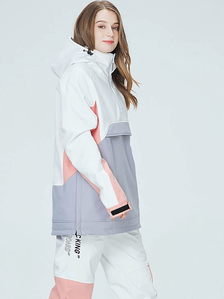Model wearing Outdoor Hood Snowboarding Jacket SF0754, unisex, waterproof, breathable, ideal for skiing, with pink and gray accents.
