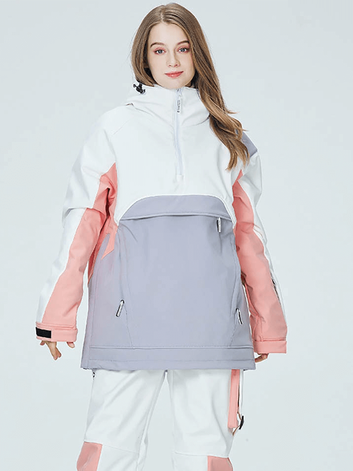 Unisex hooded snowboarding jacket with waterproof zippers, featuring a stylish pink and gray design, perfect for skiing and windy weather.