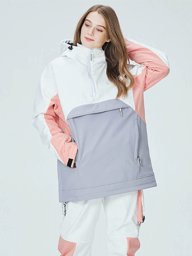 Model wearing Outdoor Hood Snowboarding Jacket SF0754 with waterproof zippers, anti-wrinkle, breathable and windproof features.
