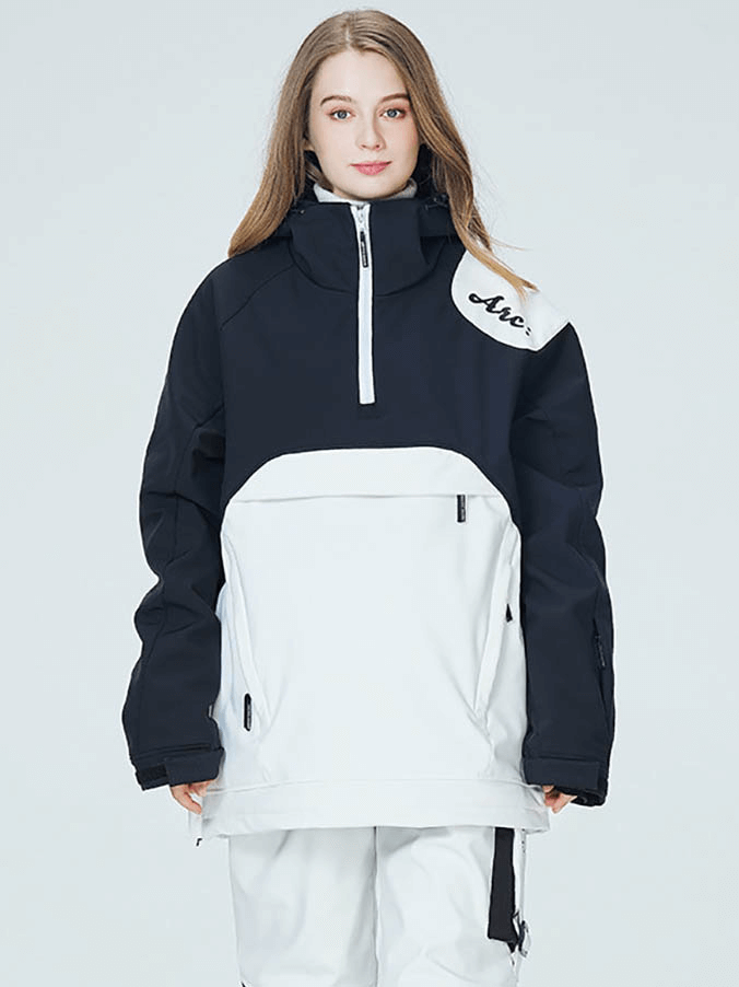 Unisex snowboarding jacket with hood, waterproof zippers, in black and white, perfect for skiing and outdoor adventures.