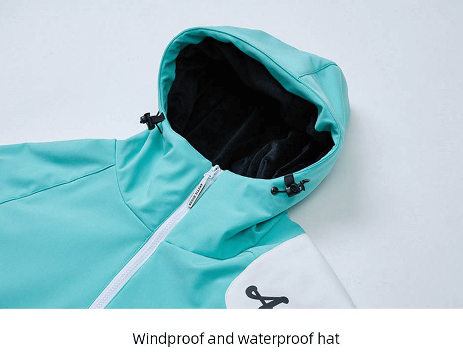 Teal snowboarding jacket with waterproof hood and windproof features, ideal for skiing. Unisex design with durable polyester material.