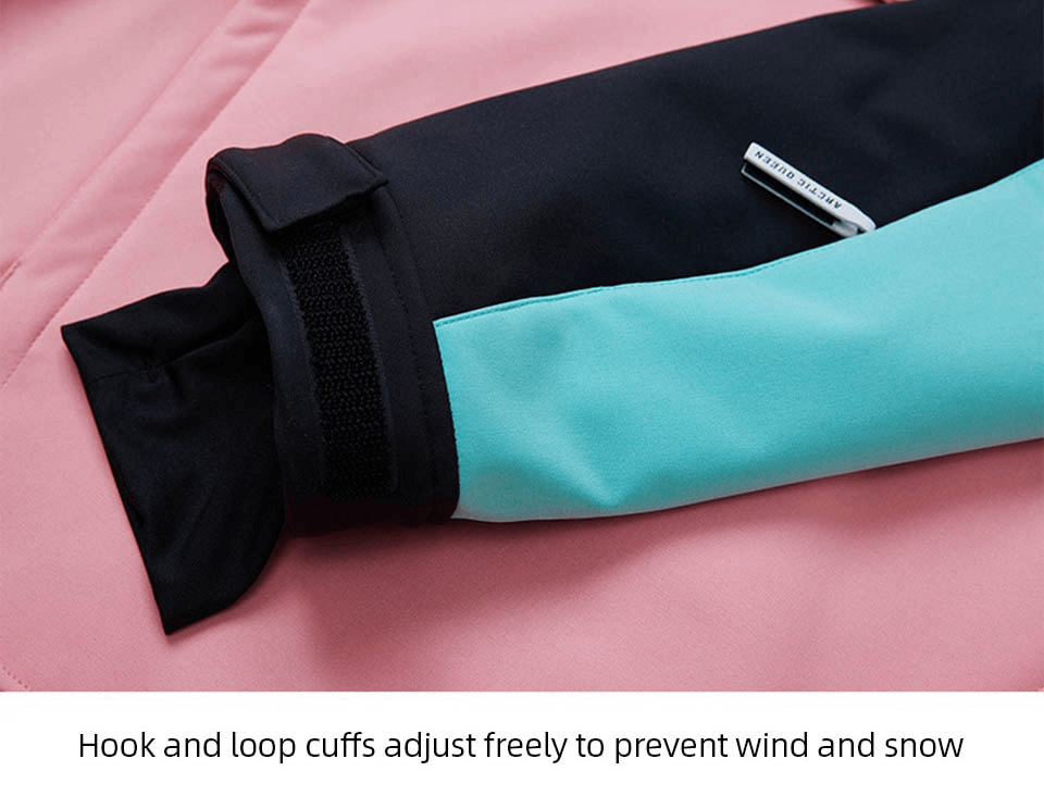 Close-up of adjustable cuffs on Outdoor Hood Snowboarding Jacket, showing hook-and-loop closure to keep out wind and snow.