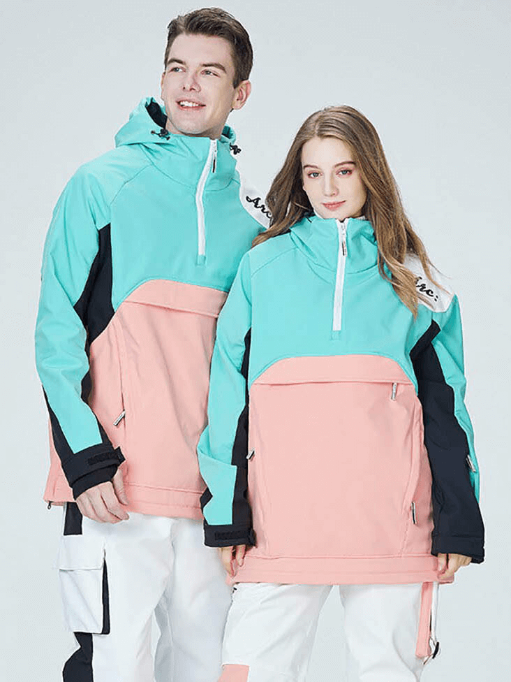 Unisex snowboarding jacket with hoodie, waterproof zippers, in stylish teal and pink design for skiing and snow sports.