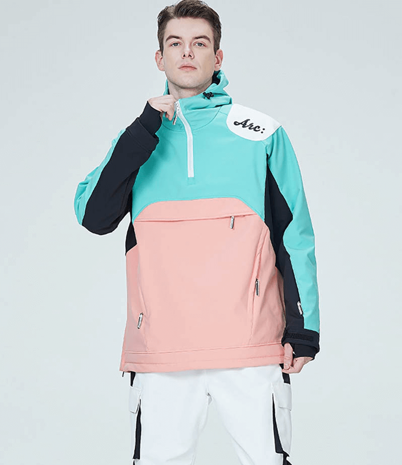 Man wearing unisex hooded snowboarding jacket with waterproof zippers, color-block design. Perfect for skiing - Product SF0754.
