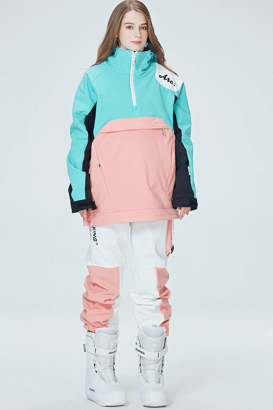 Unisex outdoor hood snowboarding jacket in turquoise and pink, featuring waterproof zippers, anti-pilling, breathable, and windproof design.