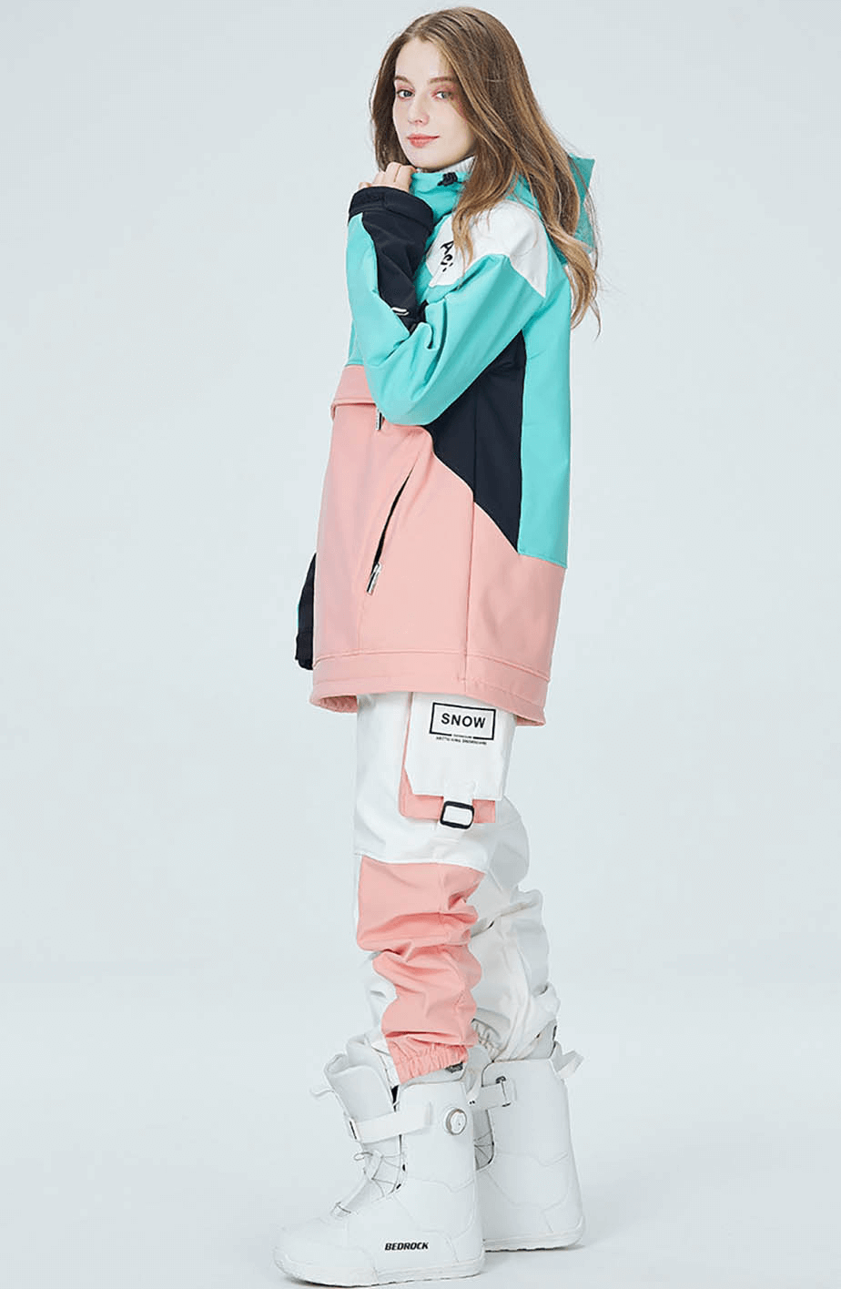 Unisex hooded snowboarding jacket in pastel colors with waterproof zippers, perfect for skiing; anti-pilling, breathable, and windproof.