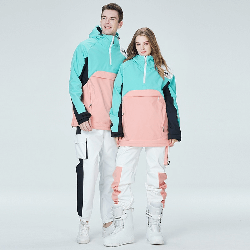 Two models wearing outdoor hood snowboarding jackets with waterproof zippers, unisex design, in teal and pink, perfect for skiing.