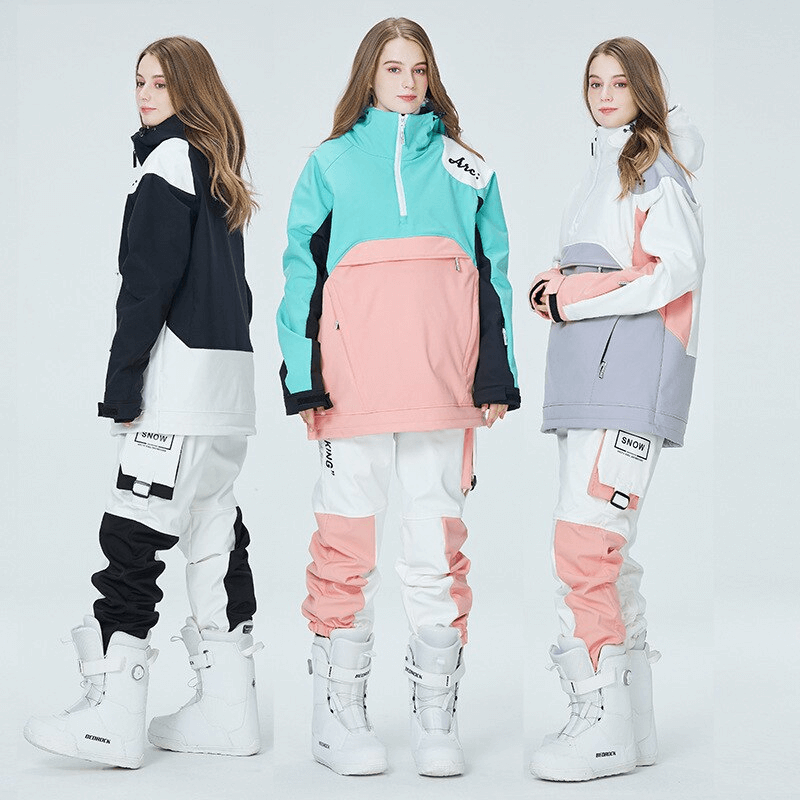 Three models wearing colorful unisex outdoor hooded snowboarding jackets with waterproof zippers, showcasing ski-ready outerwear.