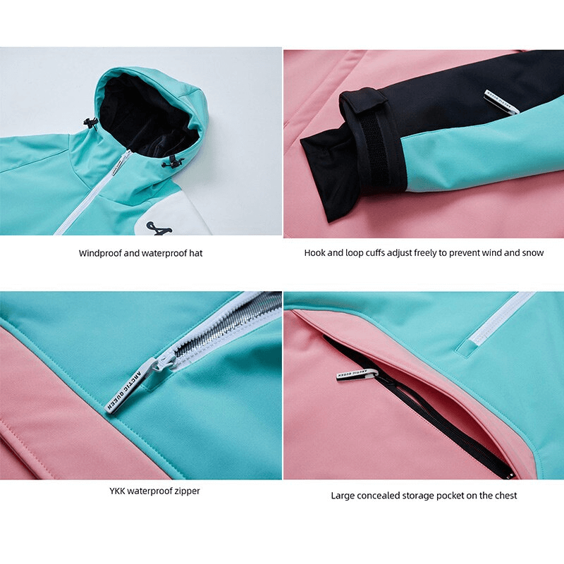 Close-up of Outdoor Hood Snowboarding Jacket SF0754 with waterproof zippers, adjustable cuffs, storage pocket, and windproof features.