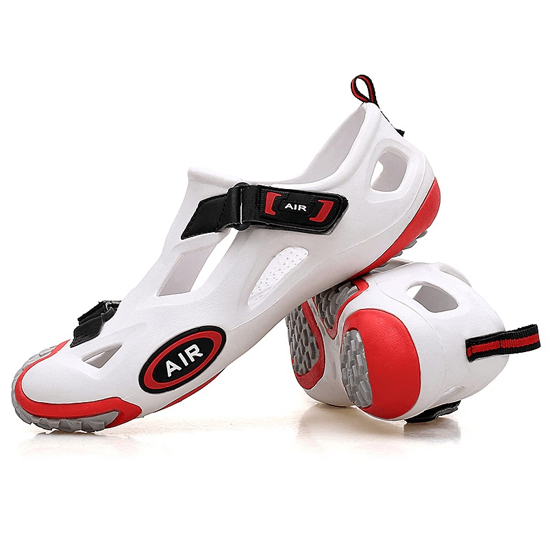 Outdoor men's water sandals with soft sole and convenient hasp in white and red, featuring EVA upper and rubber outsole for comfort and style.