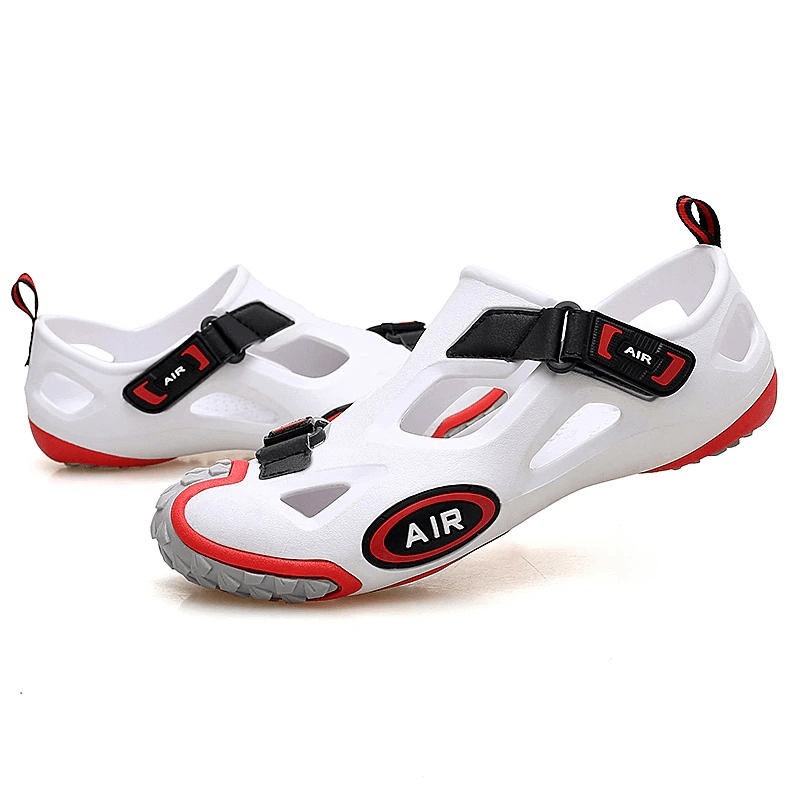 Outdoor men's water sandals with soft sole, convenient hasp, and EVA upper. Stylish design with black and red accents. SKU: SF0561