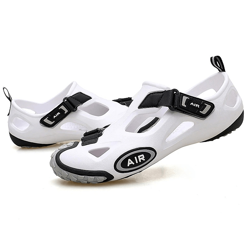 Men's white water sandals with secure hook-and-loop fastener and rubber sole, ideal for outdoor activities and all-day comfort.