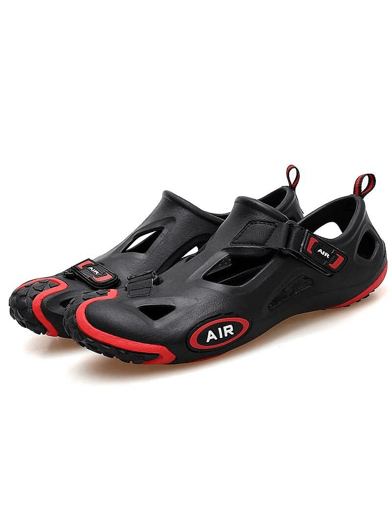 Outdoor Men's Soft Sole Water Sandals SF0561 - black with red accents, secure hook-and-loop fastener, and durable traction outsole.