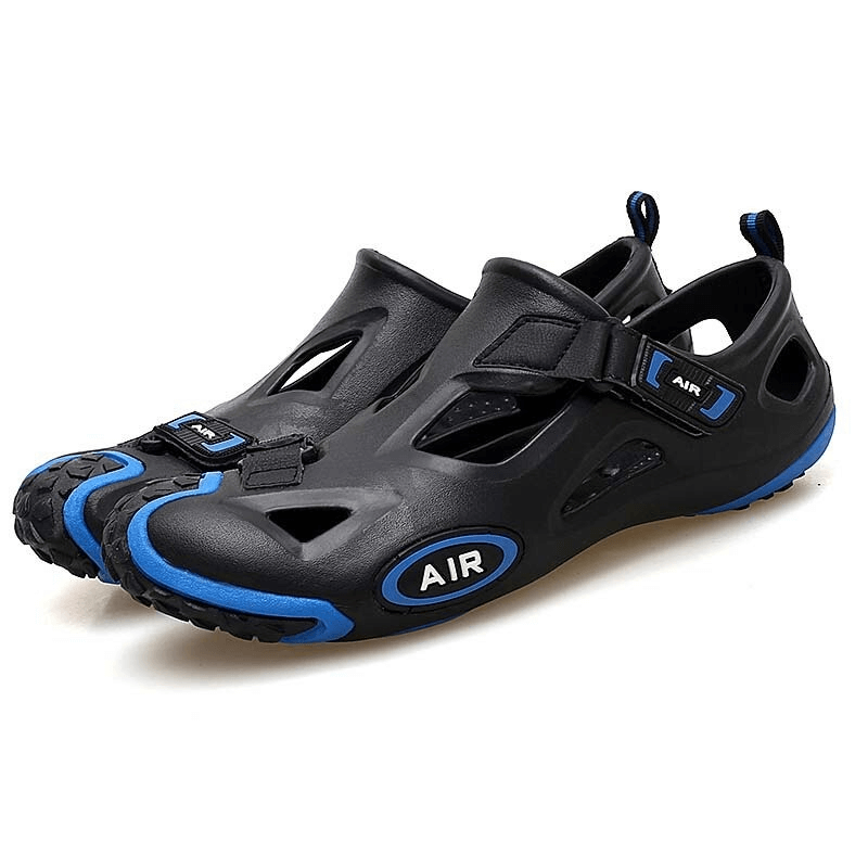 Black and blue men's water sandals with soft sole, hook-and-loop fastener, and rubber outsole for outdoor comfort and style, model SF0561.