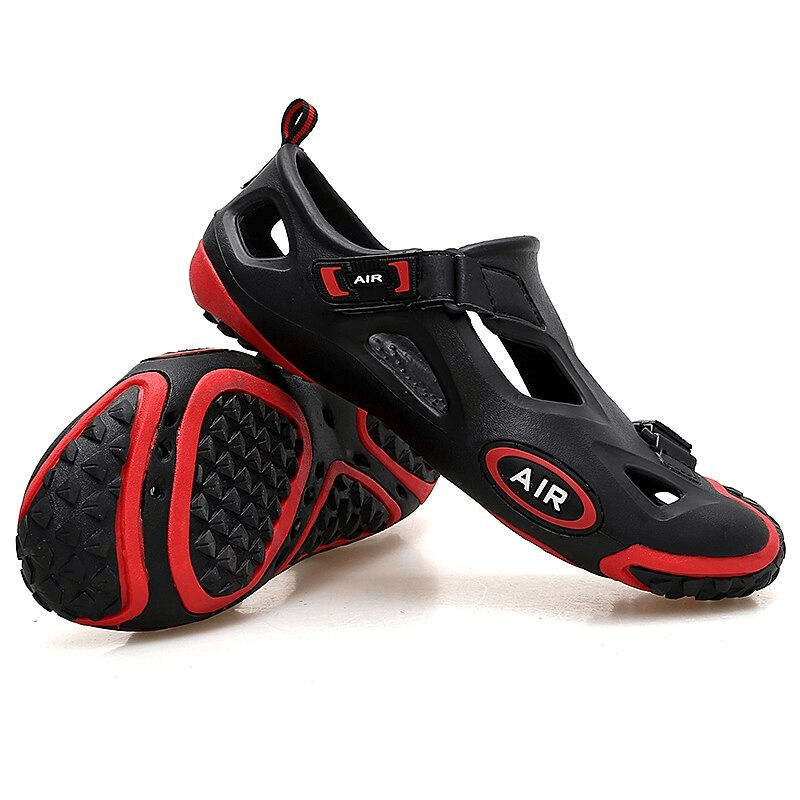 Outdoor men's water sandals with soft sole and hasp in black and red with EVA upper and rubber outsole for traction and style - SF0561