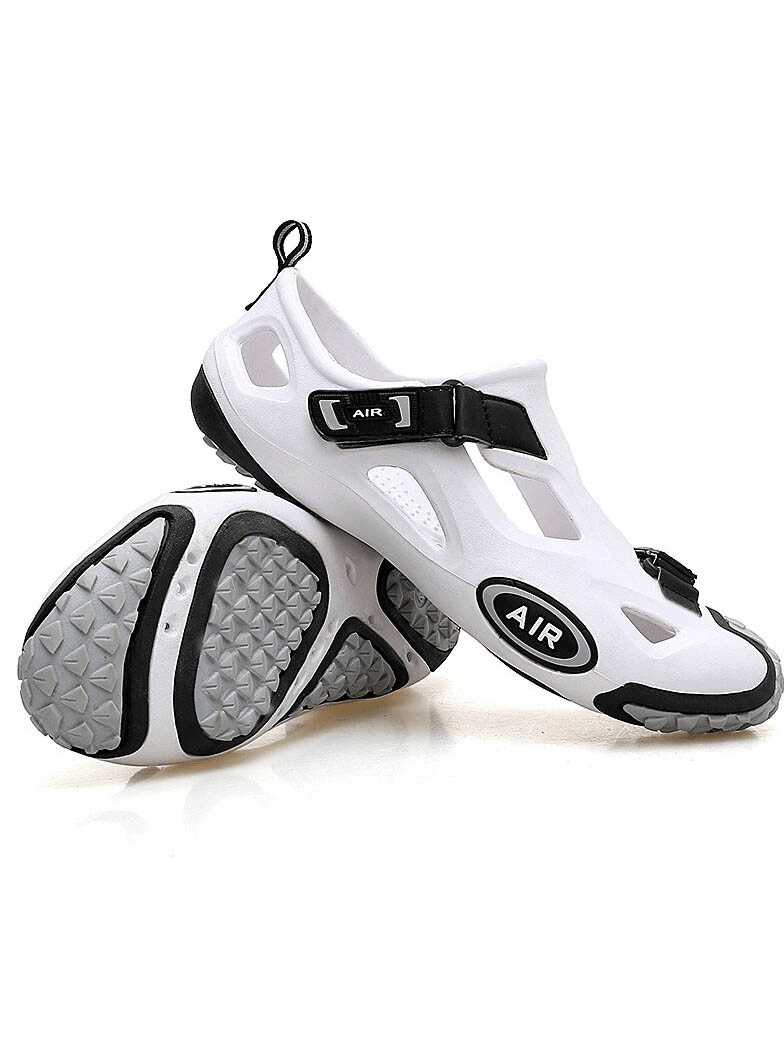 White outdoor men's water sandals with soft sole, convenient hasp, EVA upper, and rubber outsole for comfort and traction, model SF0561.