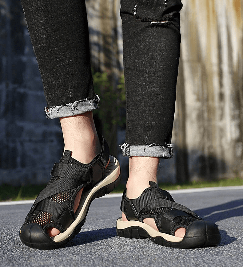 Person wearing Outdoor Mesh Breathable Sandals SF1097 with Velcro closure and rubber outsole, perfect for active lifestyle.