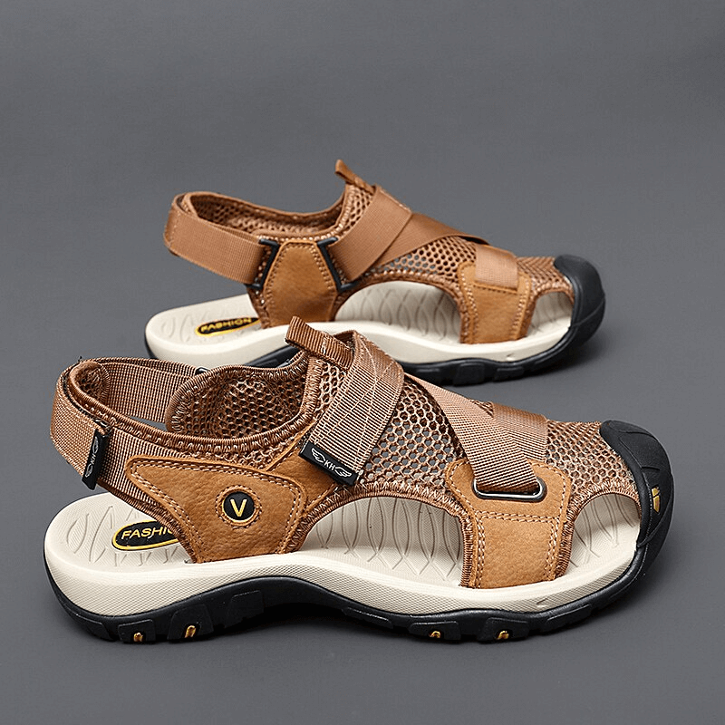 Outdoor Mesh Breathable Sandals with Velcro, SF1097, brown, PU leather insole, rubber outsole for grip, medium heel height.
