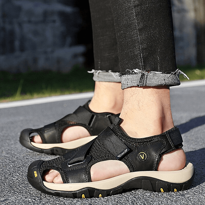 Stylish outdoor mesh breathable sandals with Velcro closure, designed for comfort and durability, featuring a rubber outsole for grip.