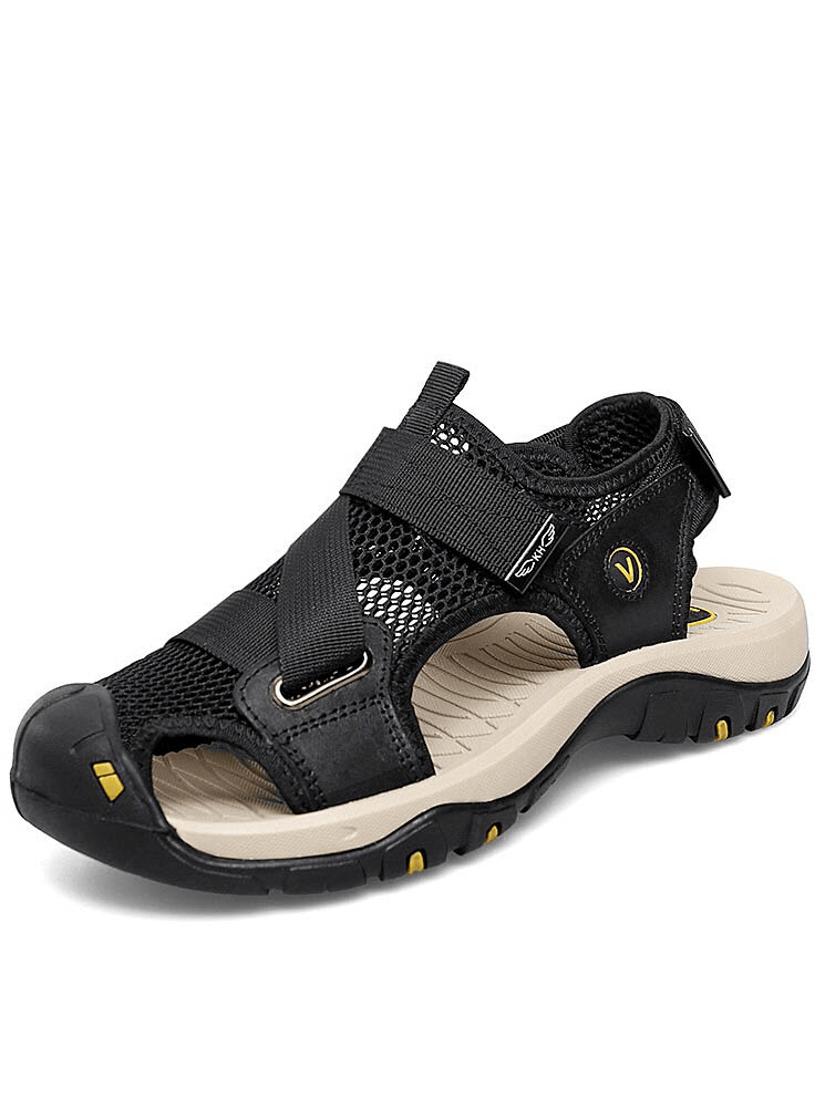 Outdoor mesh breathable sandals with Velcro closure, solid pattern upper, rubber outsole, and PU leather insole, SF1097