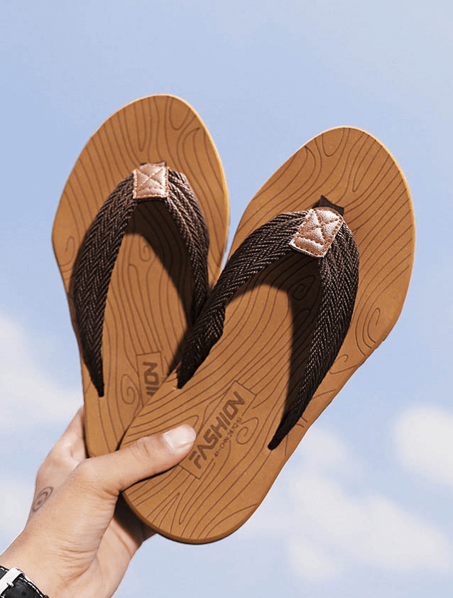 Outdoor non-slip men's flip flops with thick rubber soles, brown straps, and stylish pattern, ideal for beach and outdoor activities.