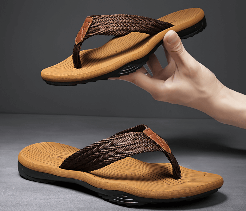 Stylish brown outdoor non-slip slide beach flip flops for men with thick soles and cushioned support; perfect for summer adventures.