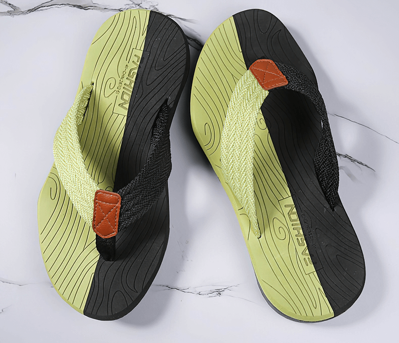 Men's outdoor non-slip beach flip flops with thick rubber sole and breathable polyester straps in black and lime green.
