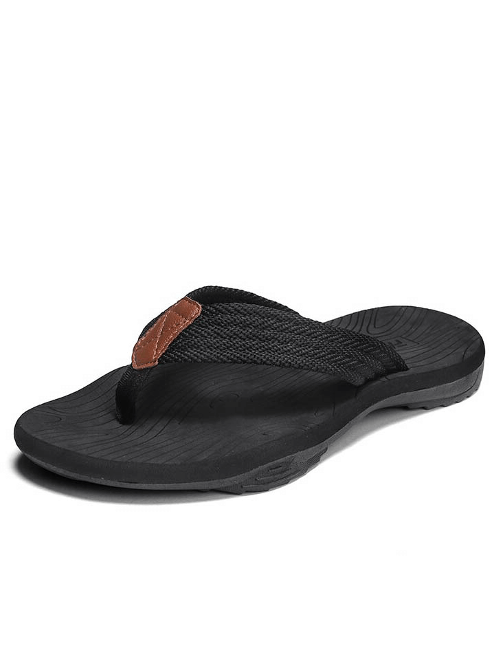 Outdoor non-slip black flip flop for men with thick rubber sole and breathable polyester upper, model SF0990.