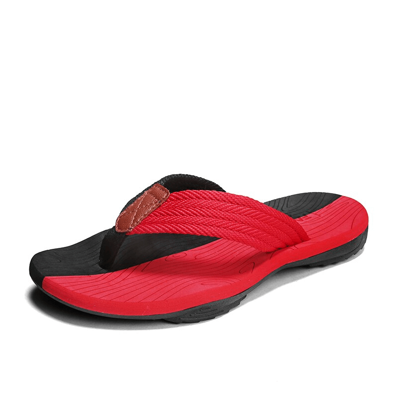 Red outdoor non-slip slide thicken beach flip flops for men, showcasing rubber outsoles, polyester upper, sleek design, SF0990 model.