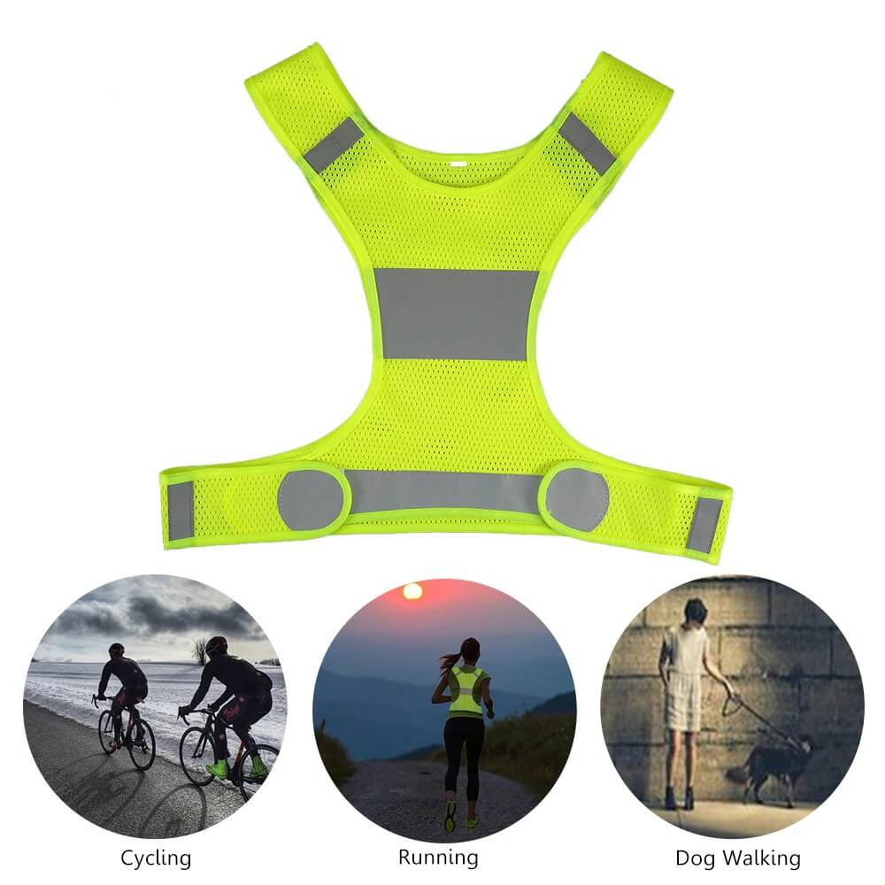 Unisex reflective vest for cycling, running, and dog walking in yellow with breathable polyester fabric for safety and visibility.