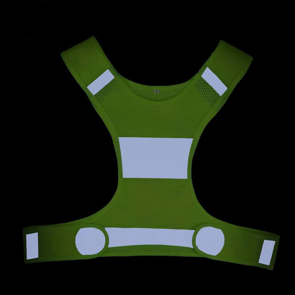 Outdoor reflective security vest for cycling or running in green with bright reflective strips for night visibility and safety.
