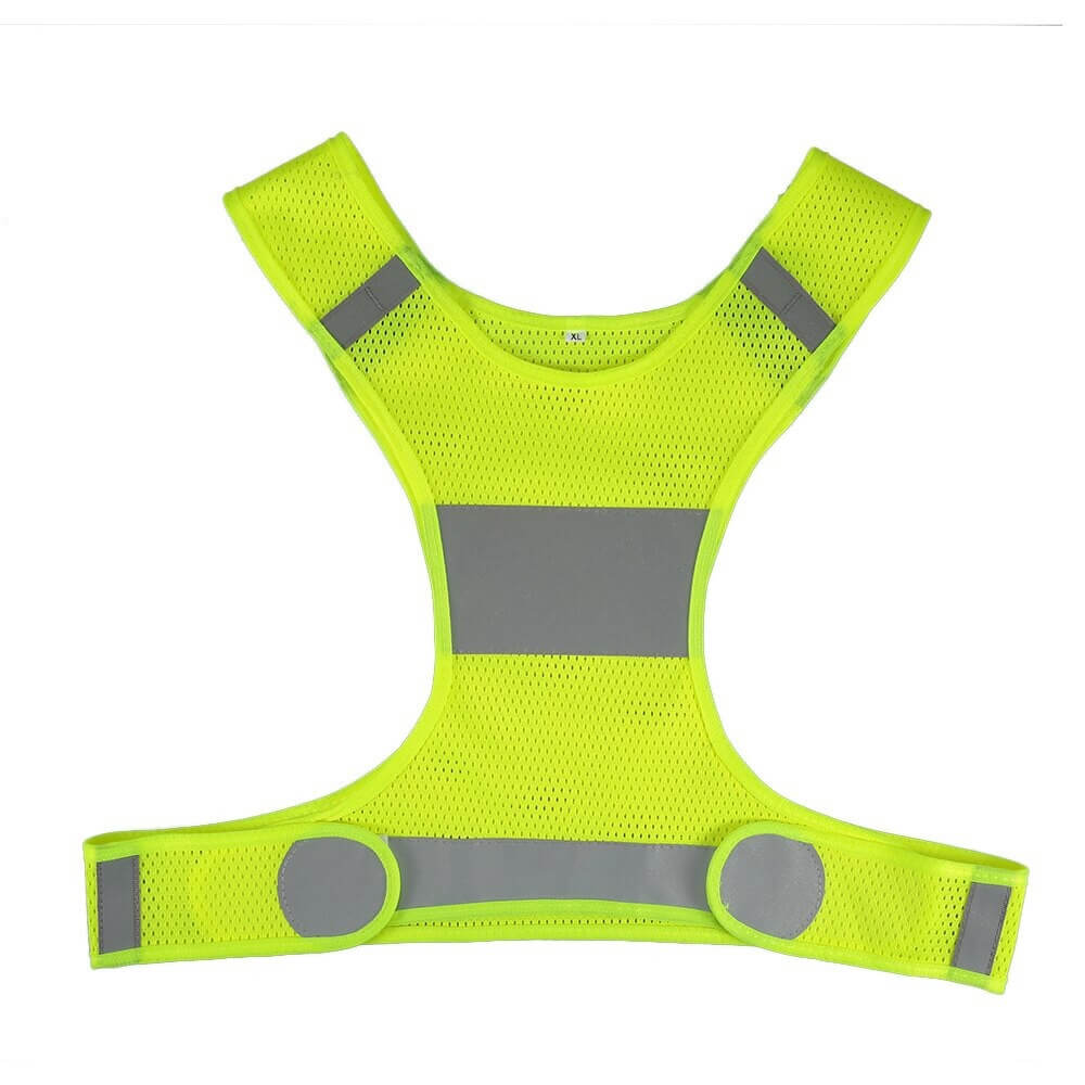 Bright yellow reflective safety vest for cycling or running in low light, unisex design with breathable polyester and reflective strips.