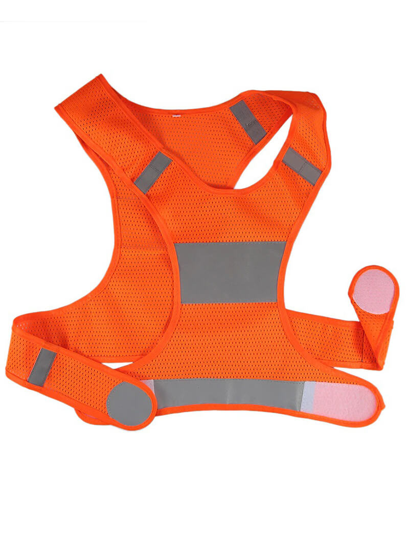 Bright orange reflective vest for cycling and running, unisex design with breathable polyester fabric for visibility and safety.