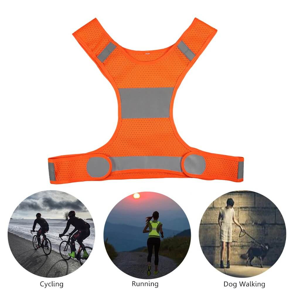 Orange reflective security vest for cycling and running with breathable polyester and bright reflective strips for visibility.
