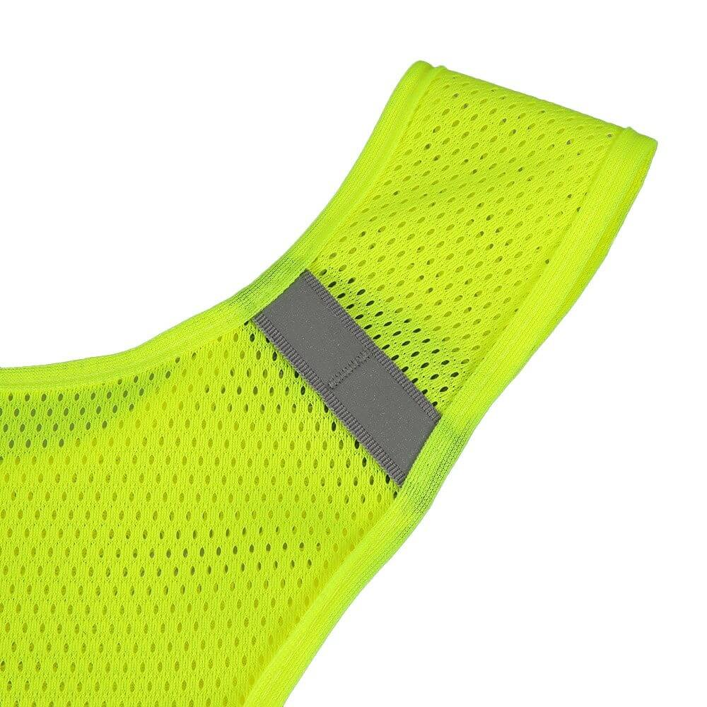Bright yellow reflective vest for cycling or running with breathable polyester fabric and safety strip for visibility.