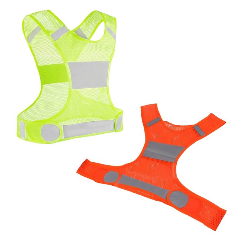 Outdoor reflective security vest in orange and yellow, perfect for cycling or running with breathable polyester and bright strips, unisex design.